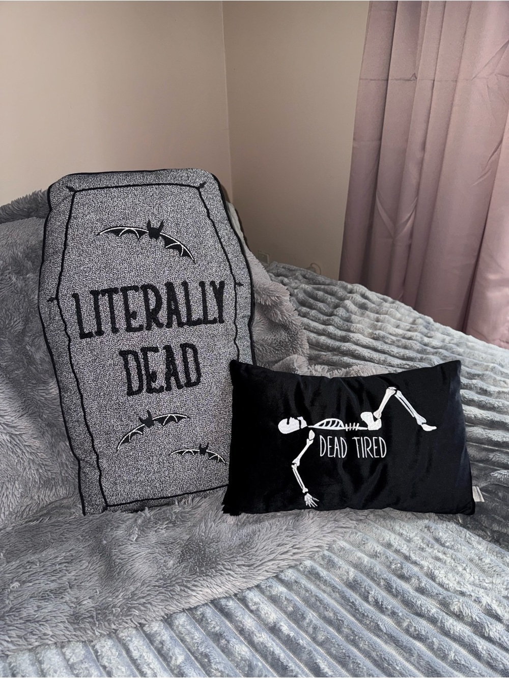Halloween Dead Tired Skeleton Pillow and Literally Dead Black/Gray Pillow